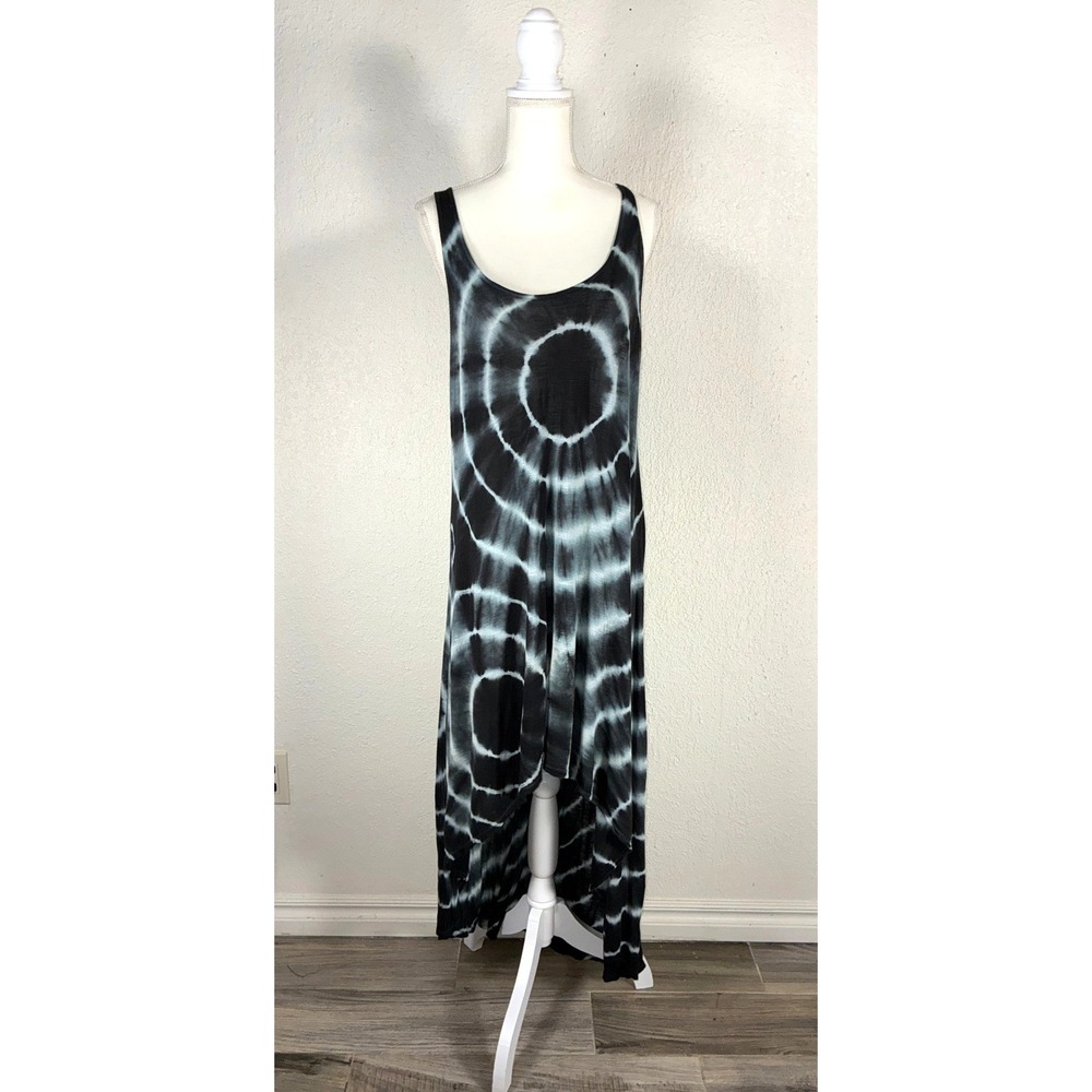 Black White‎ Tie Dye High Low Maxi Dress Sleeveless Viscose Large 02345
